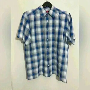 Quiksilver Men's Button Up Short Sleeve Teal Blue Plaid Button Shirt Size L